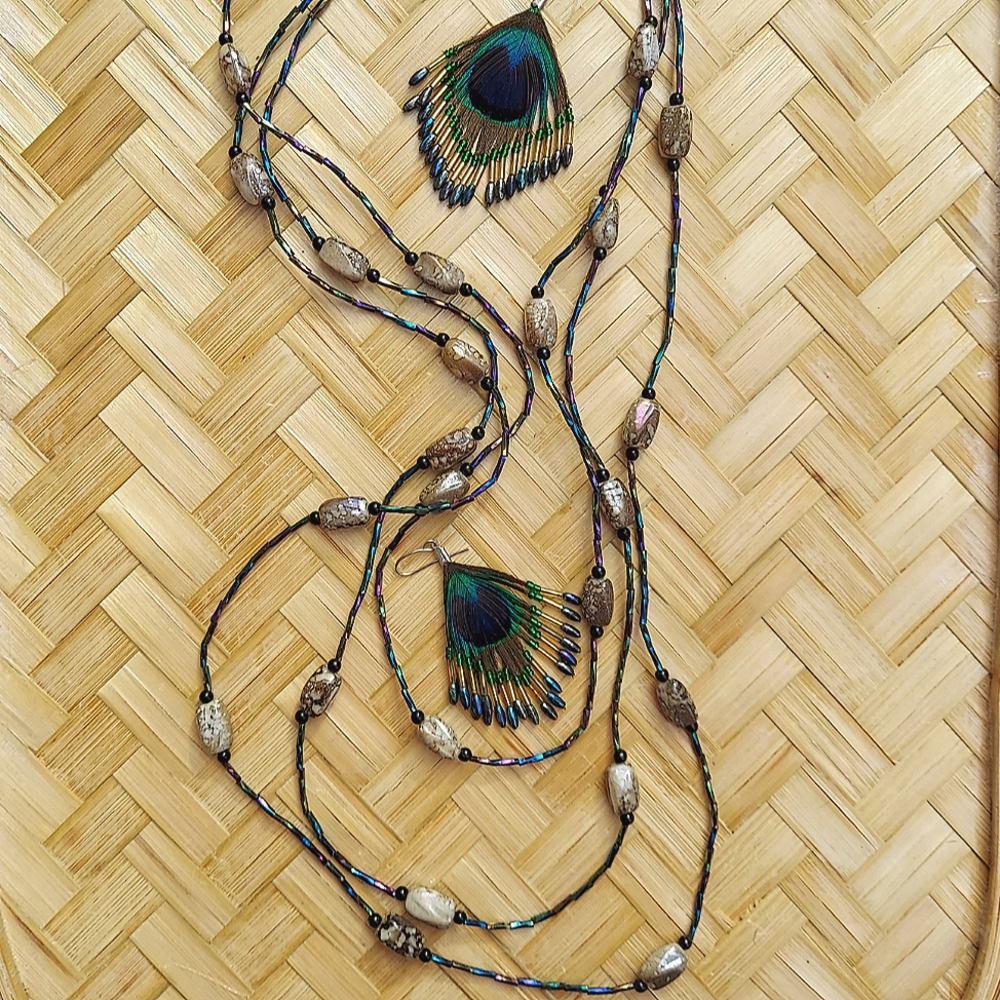Multi-strand beaded necklace and peacock style earrings set